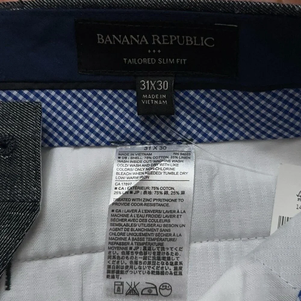 Banana Republic Pants Mens 31x30 Tailored Slim Fit Linen Cotton Gray NEW $110